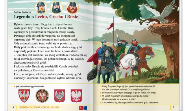 Ilustracja do legendy o Lechu, Czechu i Rusie. Trzej bracia na koniach podziwiają orła na dębie, symbolizującego początek Polski.