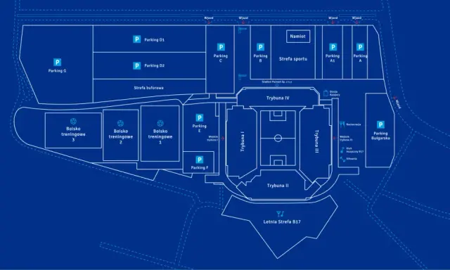 Plan stadionu miejskiego Poznań: boiska treningowe, parkingi, trybuny, restauracja i strefa sportu.