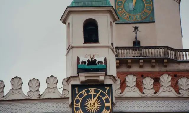 Koziołki poznańskie, symbol z którego słynie Poznań, na tle Ratusza.