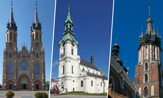 Trzy kościoły, w tym bazylika z dwiema wieżami, biały kościół z zegarem i wieża z cegły. To przykłady, co to jest sanktuarium.
