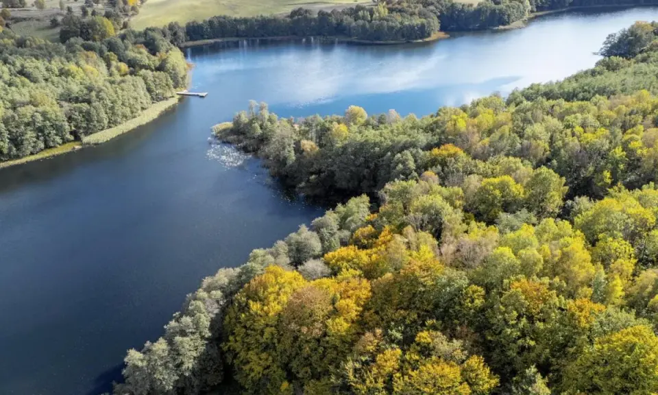 Jesienne barwy otulają jedno z top 5 najgłębszych jezior w Polsce. Widok z lotu ptaka na spokojną taflę wody i kolorowy las.