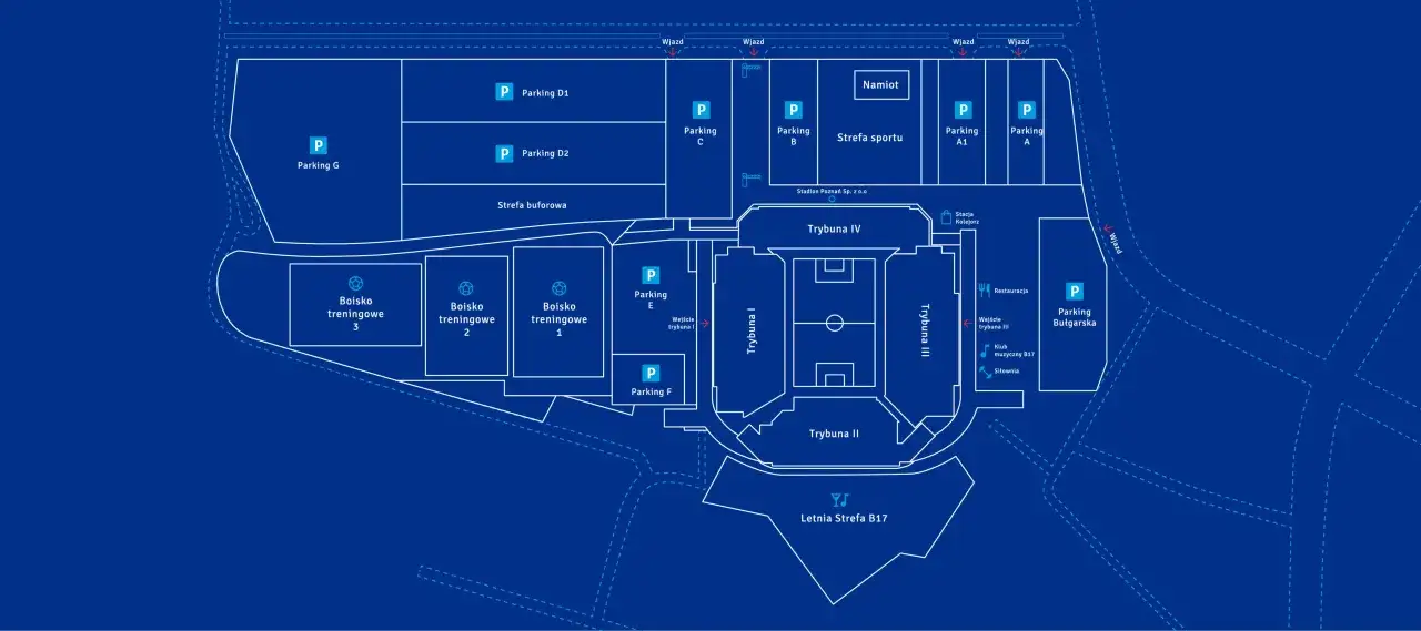 Plan stadionu miejskiego Poznań: boiska treningowe, parkingi, trybuny, restauracja i strefa sportu.