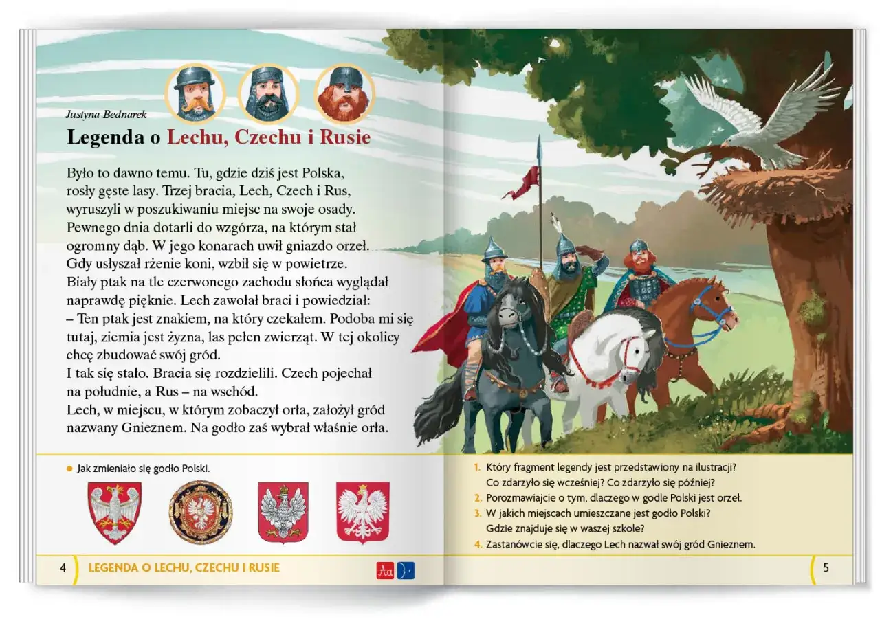 Ilustracja przedstawia legendę o Lechu, Czechu i Rusie. Trzej bracia na koniach widzą orła na dębie, symbolizującego początek Polski.