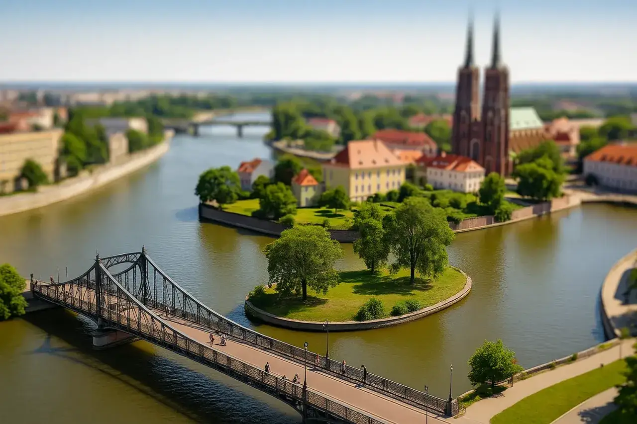 Most zakochanych nad rzeką, z widokiem na katedrę i wyspę z drzewami.
