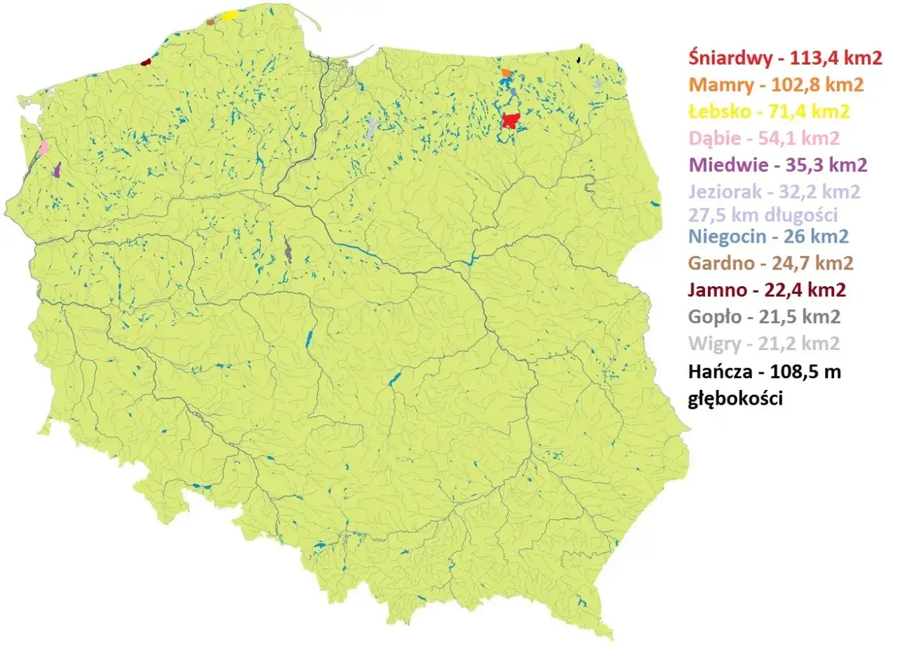 Mapa Polski z zaznaczonymi jeziorami. Wśr&oacute;d nich top 5 najgłębszych jezior w Polsce, w tym Hańcza.