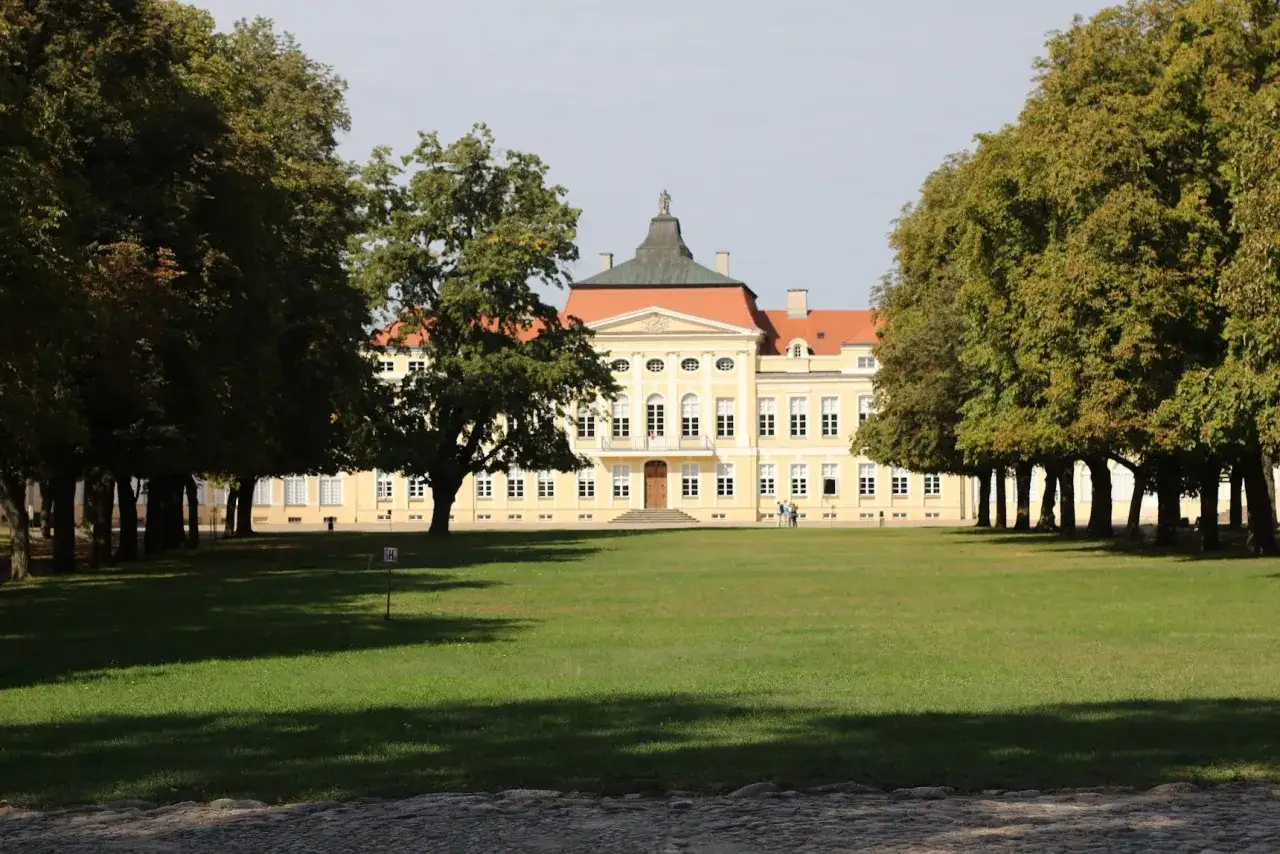 Pałac Raczyńskich w Rogalińskim Parku Krajobrazowym, otoczony aleją drzew i zielonym trawnikiem.