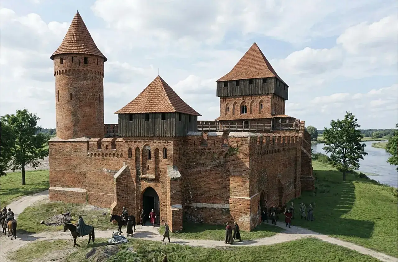 Potężne ruiny zamku w kole, z ceglanymi wieżami i drewnianymi nadbudowami, otoczone zielenią i rzeką. Ludzie w historycznych strojach kręcą się wok&oacute;ł bramy.