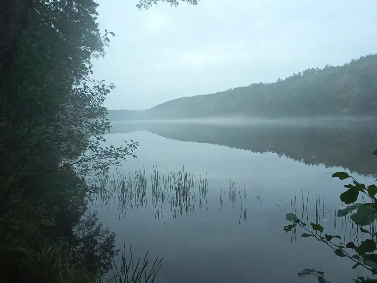 Mglisty poranek nad jeziorem w Chodzieży Wielkopolskiej. Spokojna tafla wody odbija zalesione wzgórza.