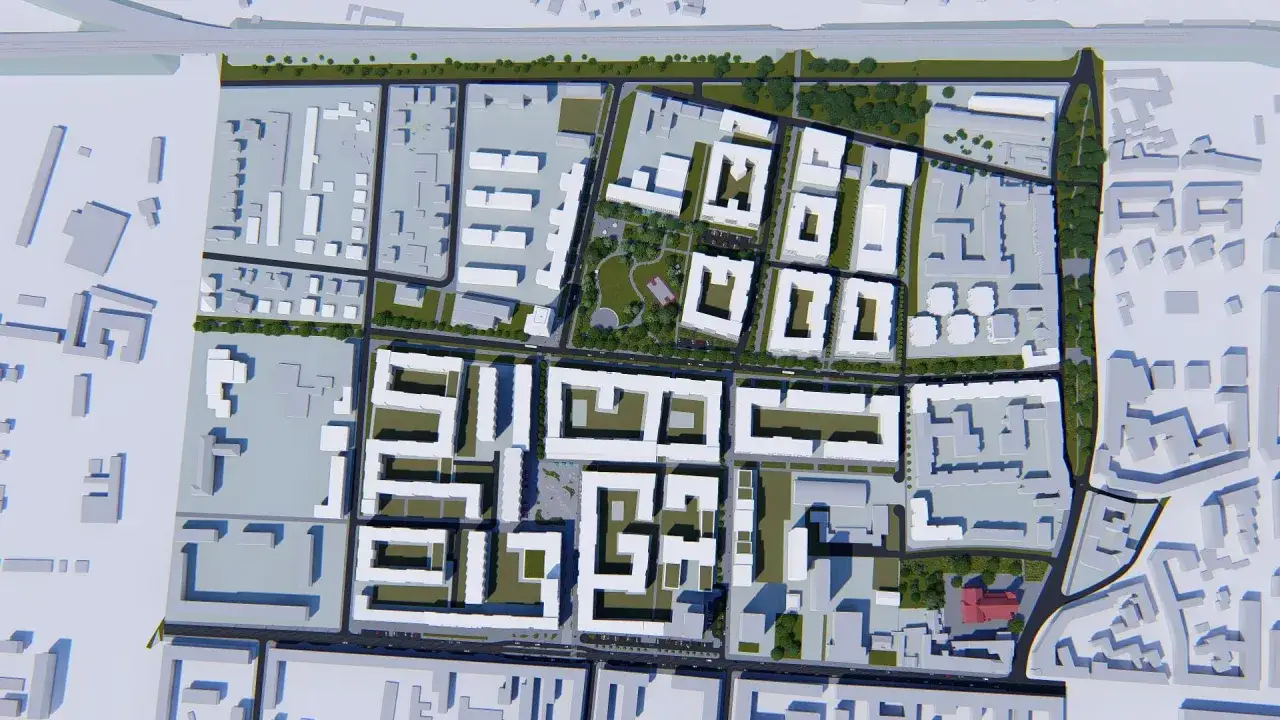 Wizualizacja urbanistyczna osiedla w Poznaniu, Jeżyce. Nowoczesna architektura, zieleń i place miejskie.