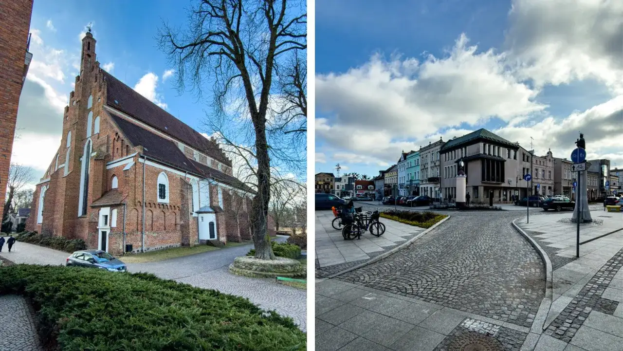 Szamotuły rynek z zabytkowym kościołem po lewej i kolorowymi kamienicami po prawej.