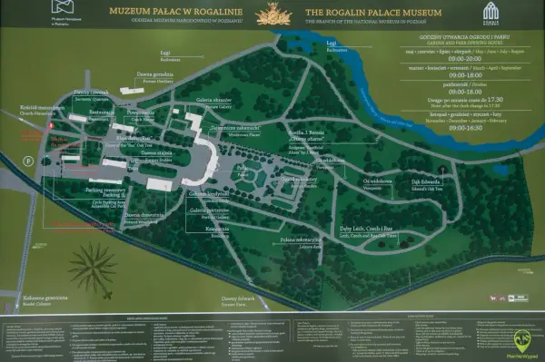 Mapa ogrodu i parku w Rogalinie. Zaznaczone pałac, galerie, dawne budynki gospodarcze i przyroda. Rogalin park zaprasza do zwiedzania.