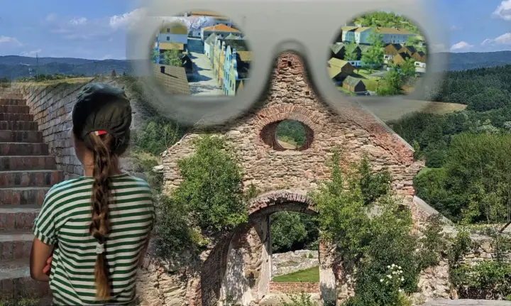 Dziewczynka patrzy na ruiny, wyobrażając sobie dawne osieczna atrakcje. Widok na historyczne budynki i krajobraz.